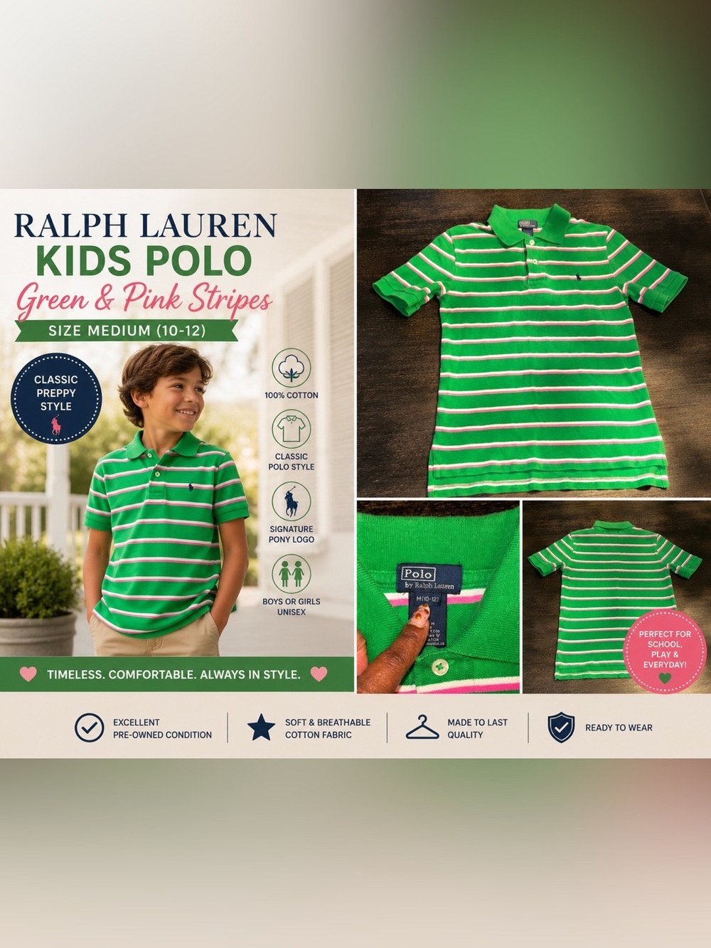 Ralph Lauren Kids Medium 10-12 Boys/Girls Polo in Green and Pink Stripes